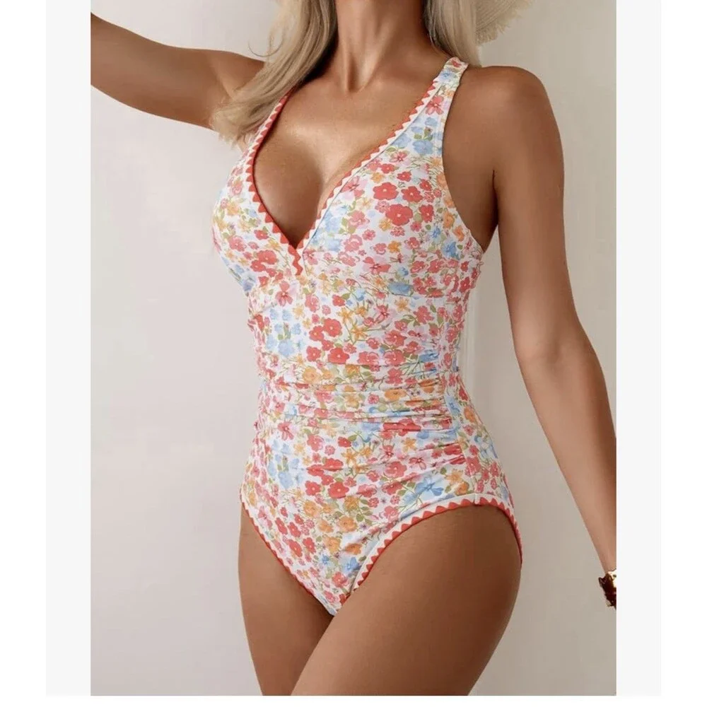 Women's One Piece Swimsuit Tummy Control Shell Stitch floral multicolor size L